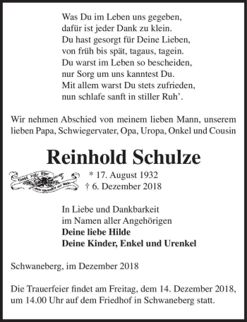 Traueranzeige von Reinhold Schulze  von Magdeburger Volksstimme