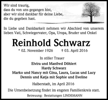 Traueranzeige von Reinhold Schwarz  von Magdeburger Volksstimme