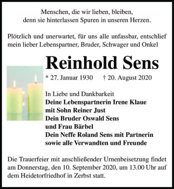 Traueranzeige von Reinhold Sens  von Magdeburger Volksstimme