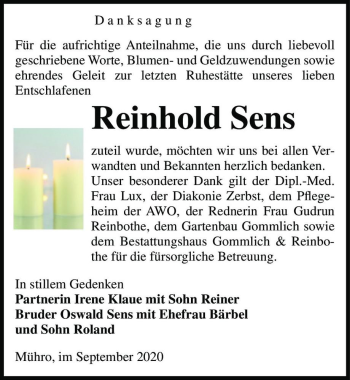 Traueranzeige von Reinhold Sens  von Magdeburger Volksstimme