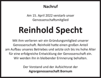 Traueranzeige von Reinhold Specht  von Magdeburger Volksstimme