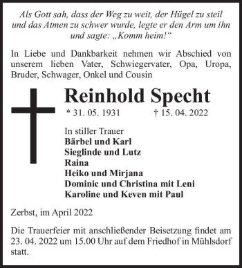 Traueranzeige von Reinhold Specht  von Magdeburger Volksstimme