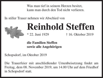 Traueranzeige von Reinhold Steffen  von Magdeburger Volksstimme