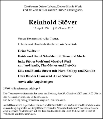 Traueranzeige von Reinhold Stöver  von Magdeburger Volksstimme