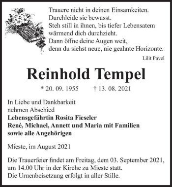 Traueranzeige von Reinhold Tempel  von Magdeburger Volksstimme