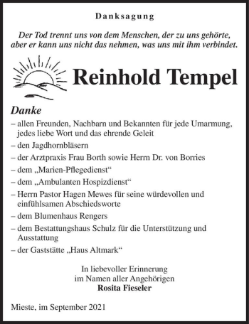 Traueranzeige von Reinhold Tempel  von Magdeburger Volksstimme