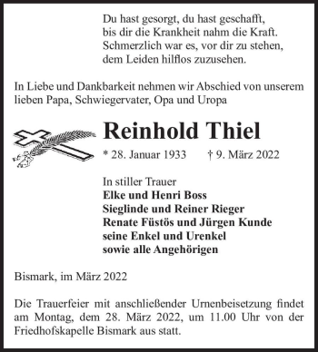 Traueranzeige von Reinhold Thiel  von Magdeburger Volksstimme