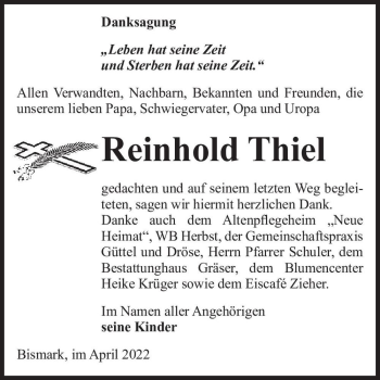 Traueranzeige von Reinhold Thiel  von Magdeburger Volksstimme