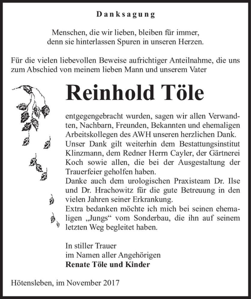  Traueranzeige für Reinhold Töle  vom 02.12.2017 aus Magdeburger Volksstimme
