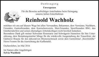 Traueranzeige von Reinhold Wachholz  von Magdeburger Volksstimme