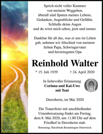 Traueranzeige von Reinhold Walter  von Magdeburger Volksstimme