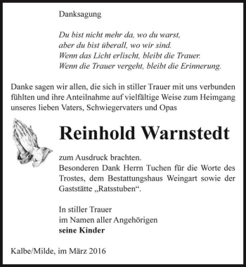Traueranzeige von Reinhold Warnstedt  von Magdeburger Volksstimme