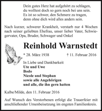 Traueranzeige von Reinhold Warnstedt  von Magdeburger Volksstimme