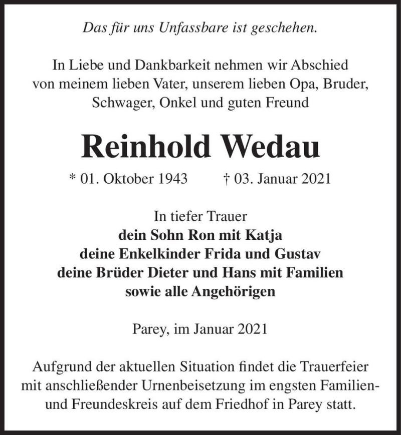  Traueranzeige für Reinhold Wedau  vom 09.01.2021 aus Magdeburger Volksstimme