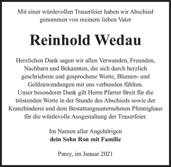 Traueranzeige von Reinhold Wedau  von Magdeburger Volksstimme