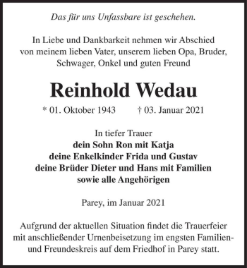Traueranzeige von Reinhold Wedau  von Magdeburger Volksstimme