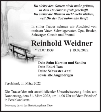 Traueranzeige von Reinhold Weidner  von Magdeburger Volksstimme