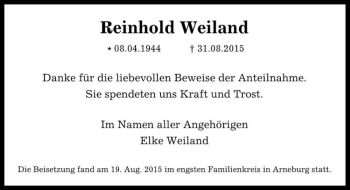 Traueranzeige von Reinhold Weiland  von Magdeburger Volksstimme