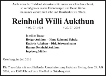 Traueranzeige von Reinhold Willi Aukthun  von Magdeburger Volksstimme