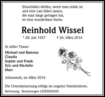 Traueranzeige von Reinhold Wissel  von Magdeburger Volksstimme