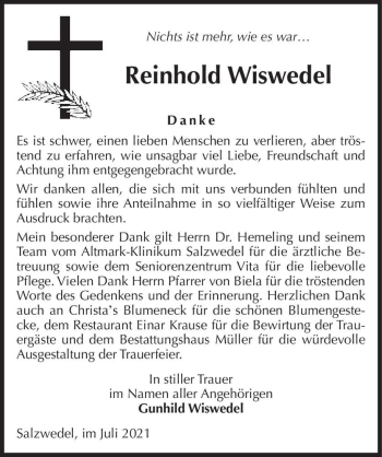 Traueranzeige von Reinhold Wiswedel  von Magdeburger Volksstimme