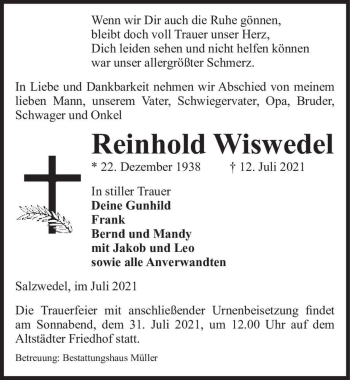 Traueranzeige von Reinhold Wiswedel  von Magdeburger Volksstimme