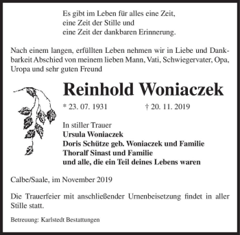 Traueranzeige von Reinhold Woniaczek  von Magdeburger Volksstimme
