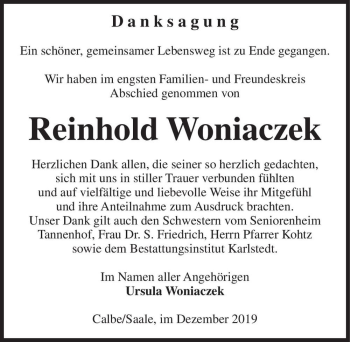 Traueranzeige von Reinhold Woniaczek  von Magdeburger Volksstimme