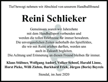 Traueranzeige von Reini Schlieker  von Magdeburger Volksstimme