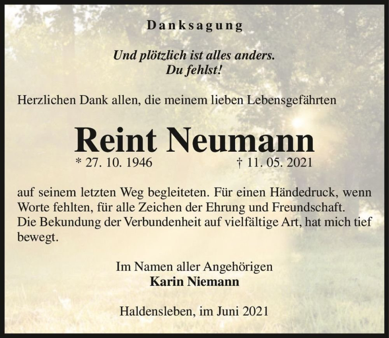  Traueranzeige für Reint Neumann  vom 05.06.2021 aus Magdeburger Volksstimme
