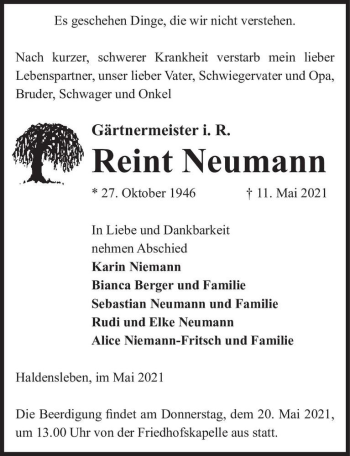 Traueranzeige von Reint Neumann  von Magdeburger Volksstimme