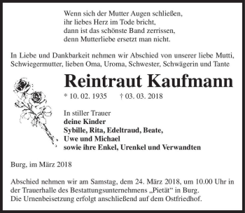 Traueranzeige von Reintraut Kaufmann  von Magdeburger Volksstimme