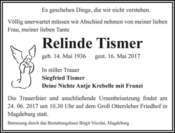 Traueranzeige von Relinde Tismer  von Magdeburger Volksstimme