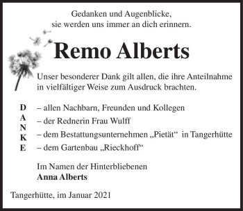 Traueranzeige von Remo Alberts  von Magdeburger Volksstimme