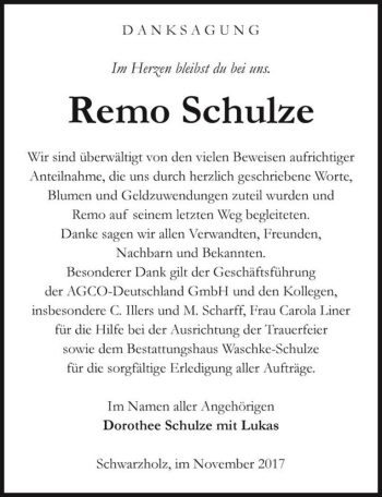Traueranzeige von Remo Schulze  von Magdeburger Volksstimme