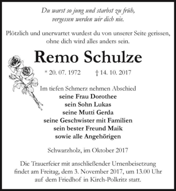 Traueranzeige von Remo Schulze  von Magdeburger Volksstimme