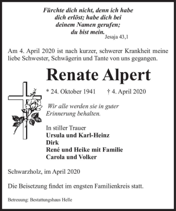 Traueranzeige von Renate Alpert  von Magdeburger Volksstimme