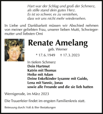 Traueranzeige von Renate Amelang (geb. Werner)  von Magdeburger Volksstimme