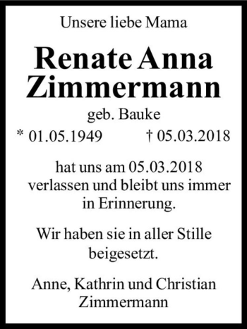 Traueranzeige von Renate Anna Zimmermann (geb. Bauke)  von Magdeburger Volksstimme