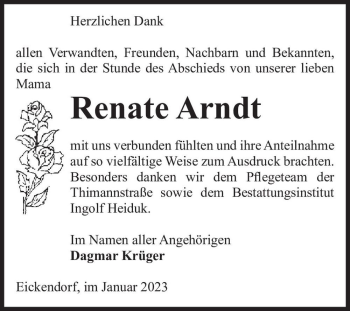 Traueranzeige von Renate Arndt  von Magdeburger Volksstimme