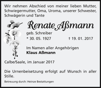 Traueranzeige von Renate Aßmann (geb. Schreiber)  von Magdeburger Volksstimme