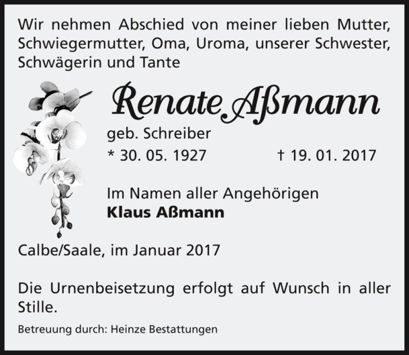  Traueranzeige für Renate Aßmann (geb. Schreiber)  vom 21.01.2017 aus Magdeburger Volksstimme