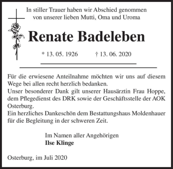 Traueranzeige von Renate Badeleben  von Magdeburger Volksstimme