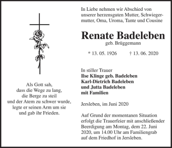 Traueranzeige von Renate Badeleben (geb. Brüggemann)  von Magdeburger Volksstimme