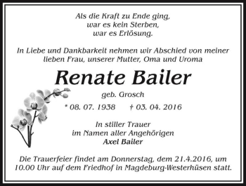 Traueranzeige von Renate Bailer (geb. Grosch)  von Magdeburger Volksstimme