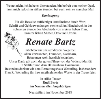 Traueranzeige von Renate Bartz  von Magdeburger Volksstimme