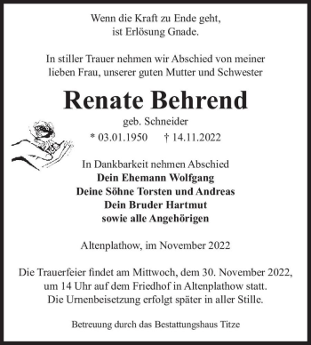 Traueranzeige von Renate Behrend (geb. Schneider)  von Magdeburger Volksstimme