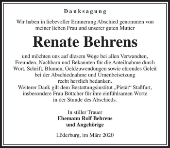 Traueranzeige von Renate Behrens  von Magdeburger Volksstimme