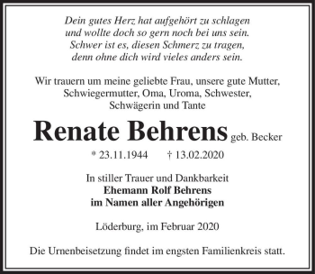 Traueranzeige von Renate Behrens (geb. Becker)  von Magdeburger Volksstimme