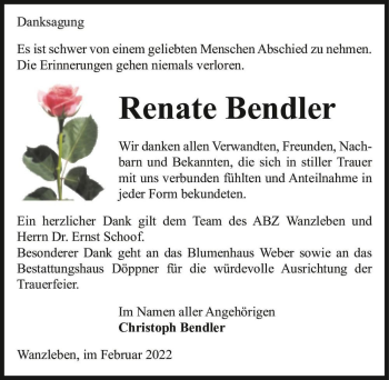 Traueranzeige von Renate Bendler  von Magdeburger Volksstimme